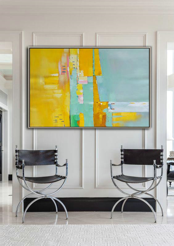 Abstract Painting Extra Large Canvas Art,Oversized Horizontal Contemporary Art,Big Art Canvas,Yellow,White,Light Green,Pink.etc